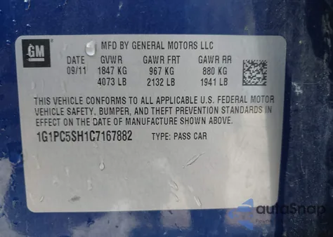 2012 Chevrolet Cruze Ls из США, поврежденный, VIN 1G1PC5SH1C7167882